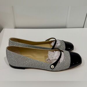 NEW Jimmy Choo Elisa Ballet Flat, Size 37.5, Silver w/ Black Patent Leather Toe